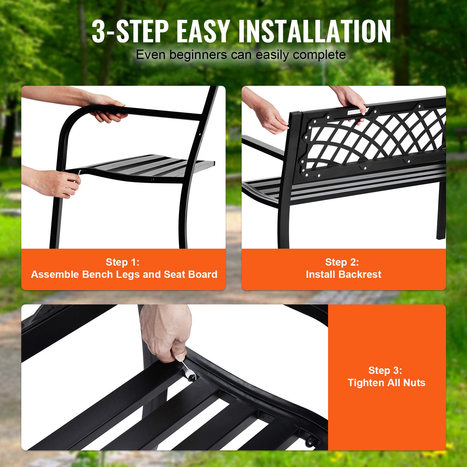 VEVOR outdoor bench assembly with 3 steps: attach legs and seat, install backrest, tighten nuts.