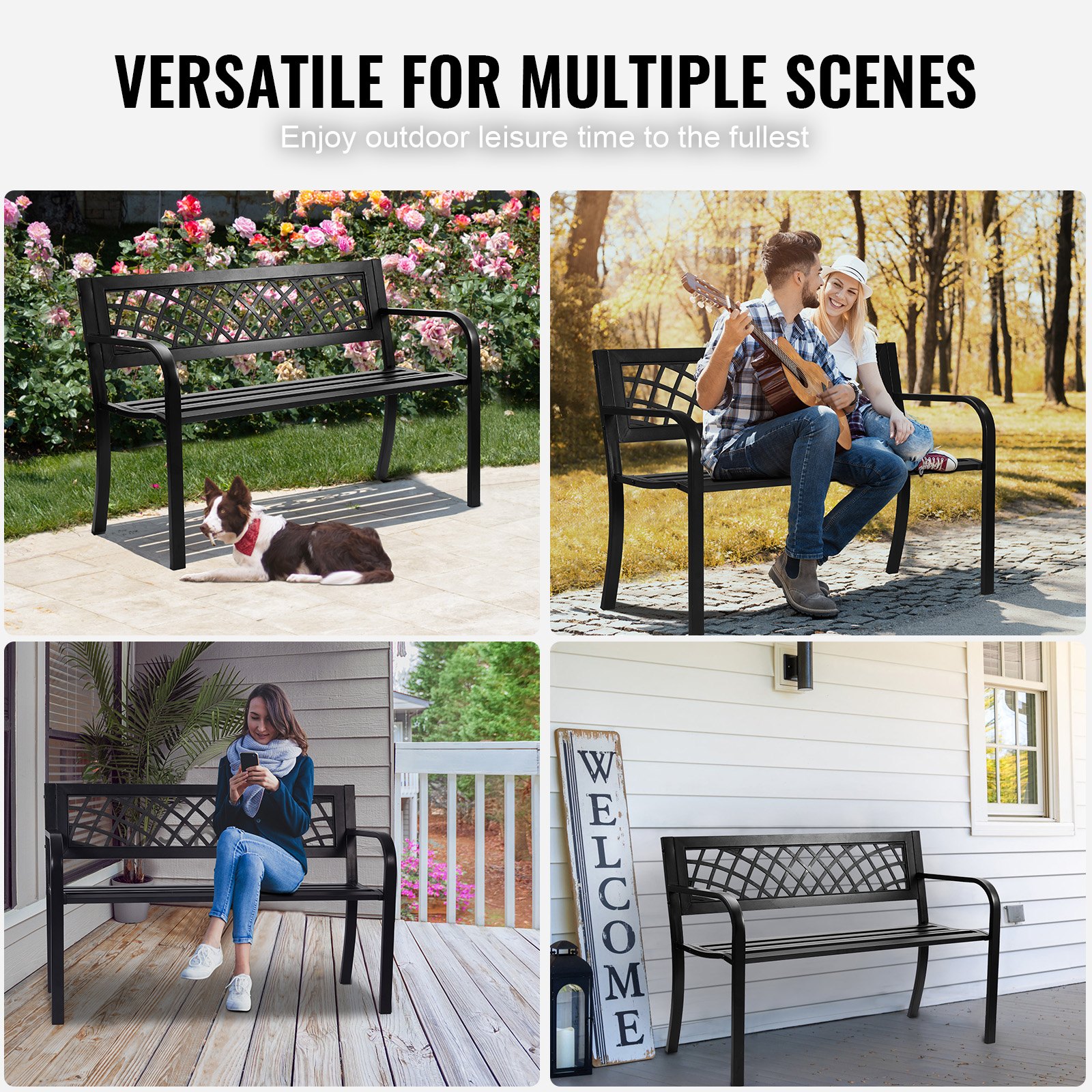 VEVOR outdoor bench in various settings, showcasing versatile uses for gardens, porches, and patios.