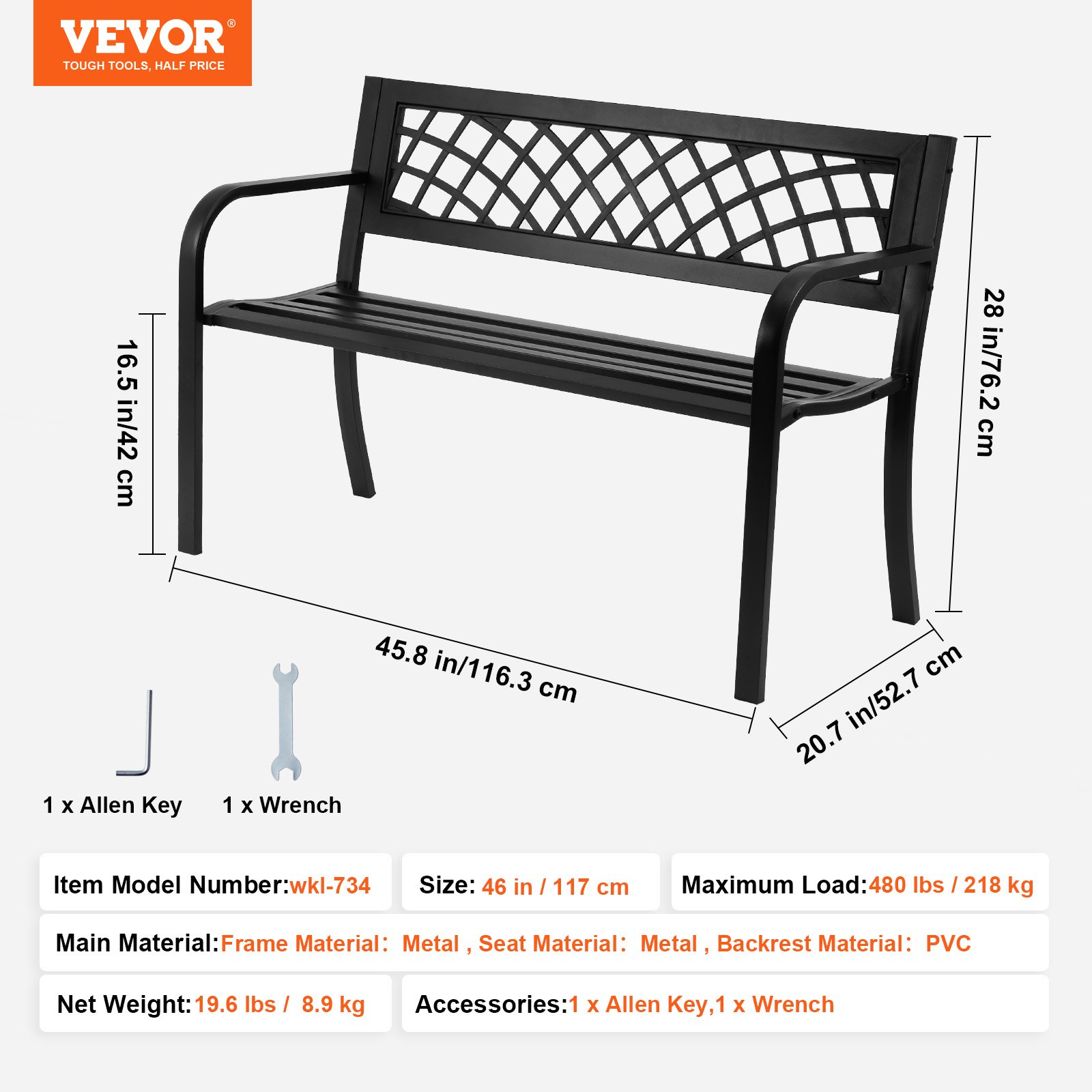 VEVOR outdoor bench with metal frame and pvc backrest, includes allen key and wrench, 46 inches wide.