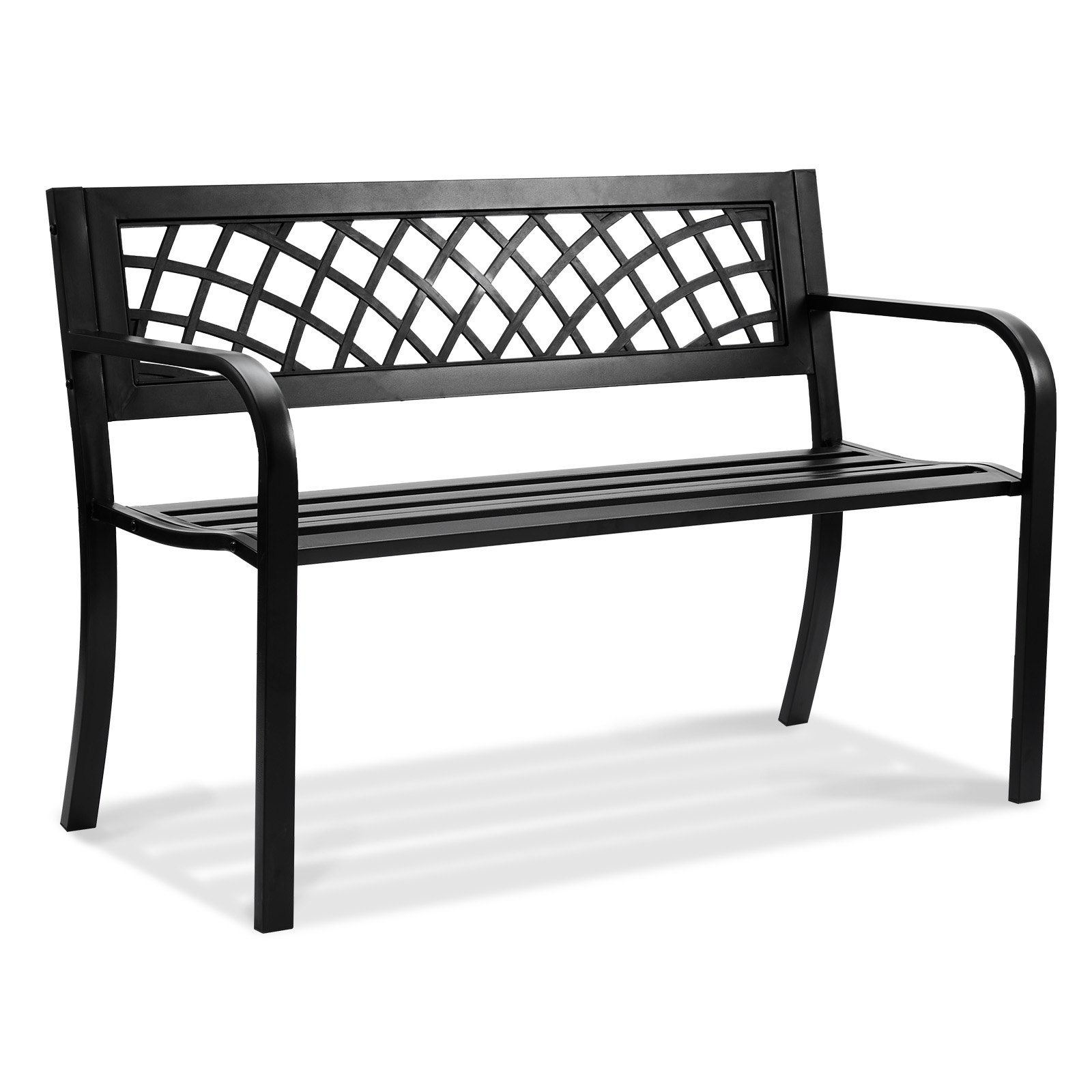 black VEVOR outdoor bench with curved arms and lattice backrest design.