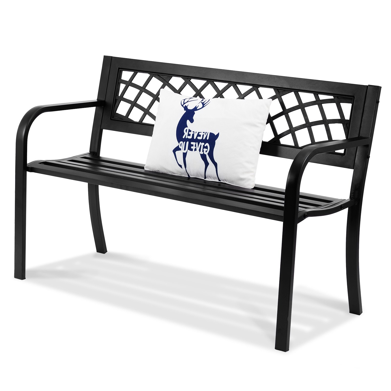 black VEVOR outdoor bench with lattice backrest and white cushion featuring a deer and &quot;never give up&quot; text.