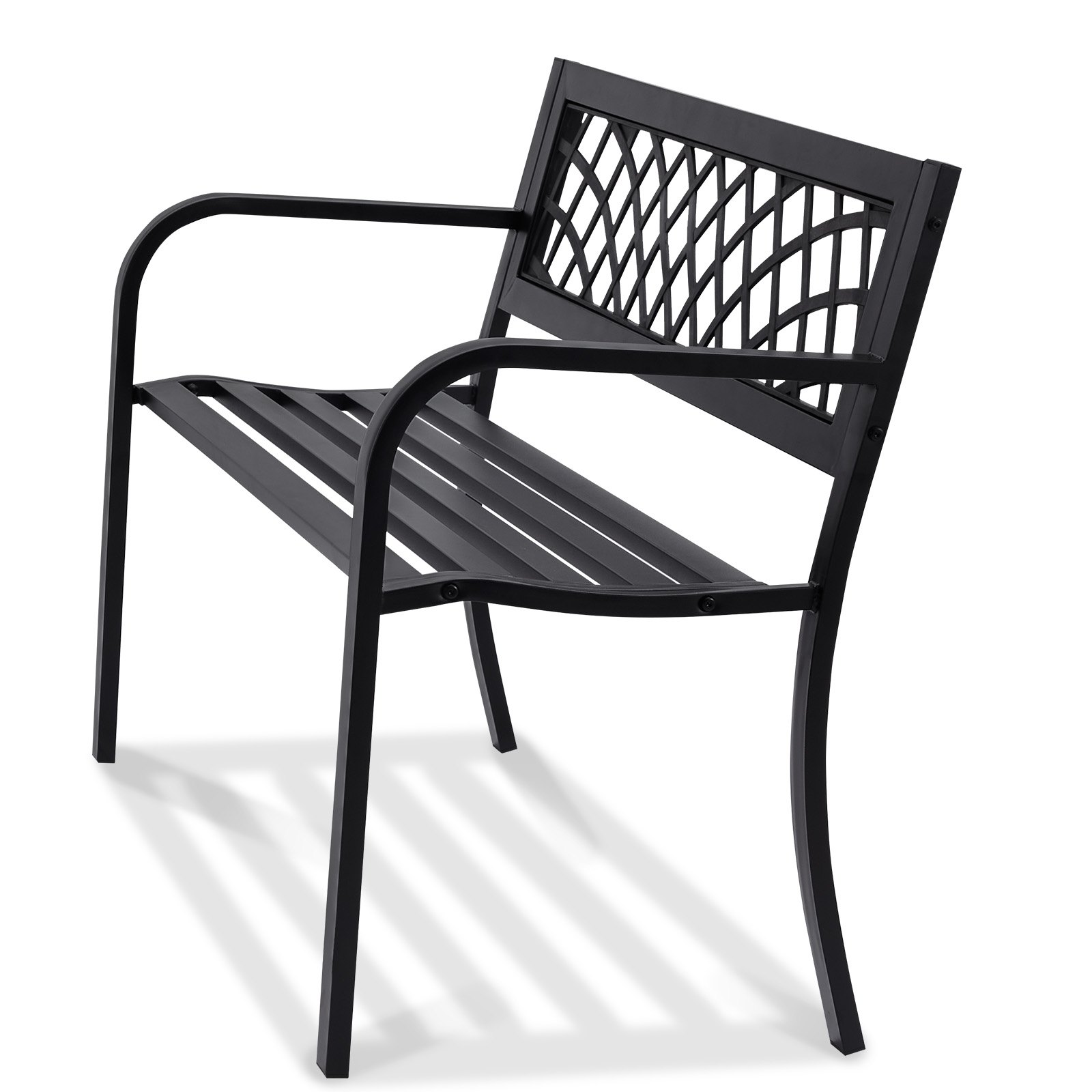 black VEVOR outdoor bench with lattice backrest and armrests, featuring a sleek and sturdy metal design.