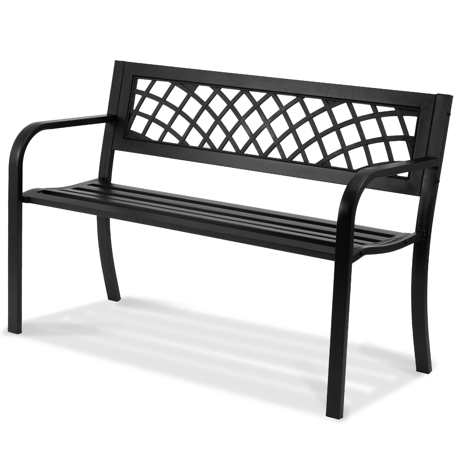 black VEVOR outdoor bench with curved armrests and lattice-pattern backrest in an elegant, durable design.