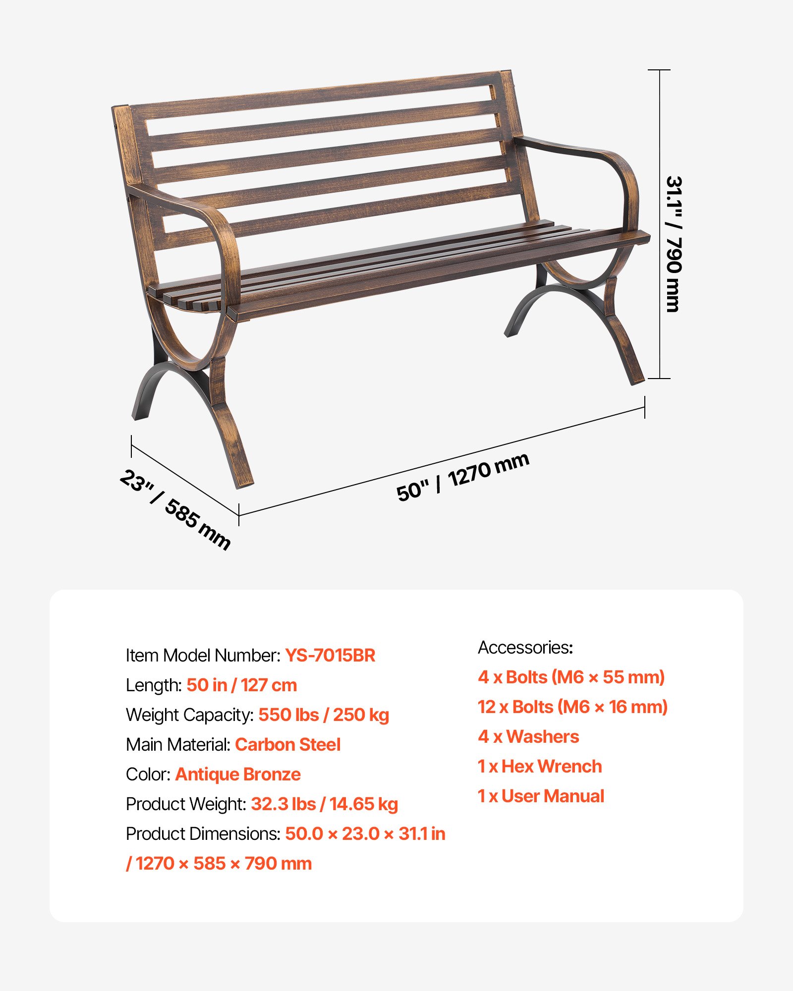 VEVOR Outdoor Bench, 127 cm, Carbon Steel Metal Frame with Slatted Pattern Backrest and Round Edge Armrests, Weatherproof Outside Bench for Patio, Garden, Park, Yard, Front Porch, Antique Bronze