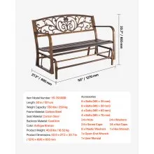 VEVOR Outdoor Bench, 127 cm, Carbon Steel Metal Frame with Cast Iron Backrest and Round Edge Armrests, Weatherproof Outside Glider Bench for Patio, Garden, Park, Yard, Front Porch, Antique Bronze