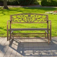 VEVOR Outdoor Bench, 127 cm, Carbon Steel Metal Frame with Cast Iron Backrest and Round Edge Armrests, Weatherproof Outside Glider Bench for Patio, Garden, Park, Yard, Front Porch, Antique Bronze