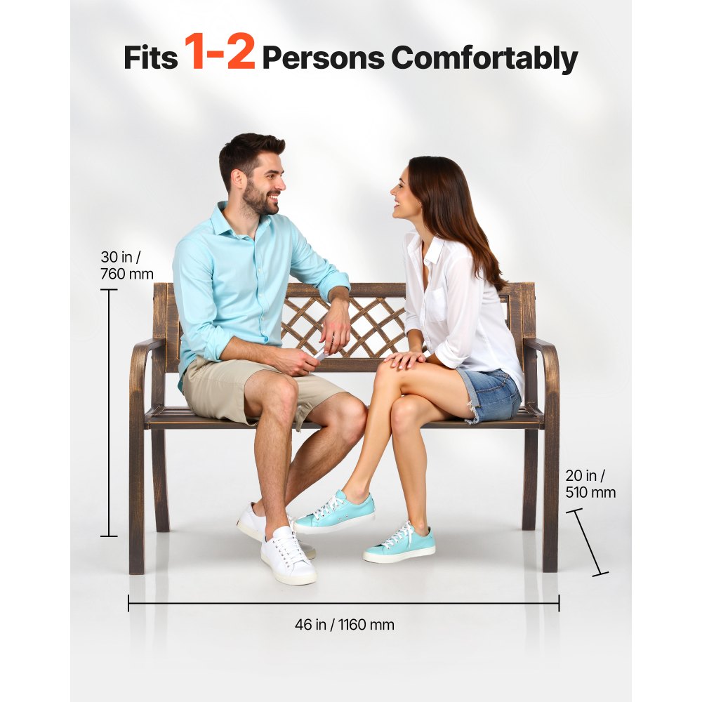 VEVOR Outdoor Bench, 116 cm, Carbon Steel Metal Frame with PVC Mesh Pattern Backrest and Round Edge Armrests, Weatherproof Outside Bench for Patio, Garden, Park, Yard, Front Porch, Antique Bronze