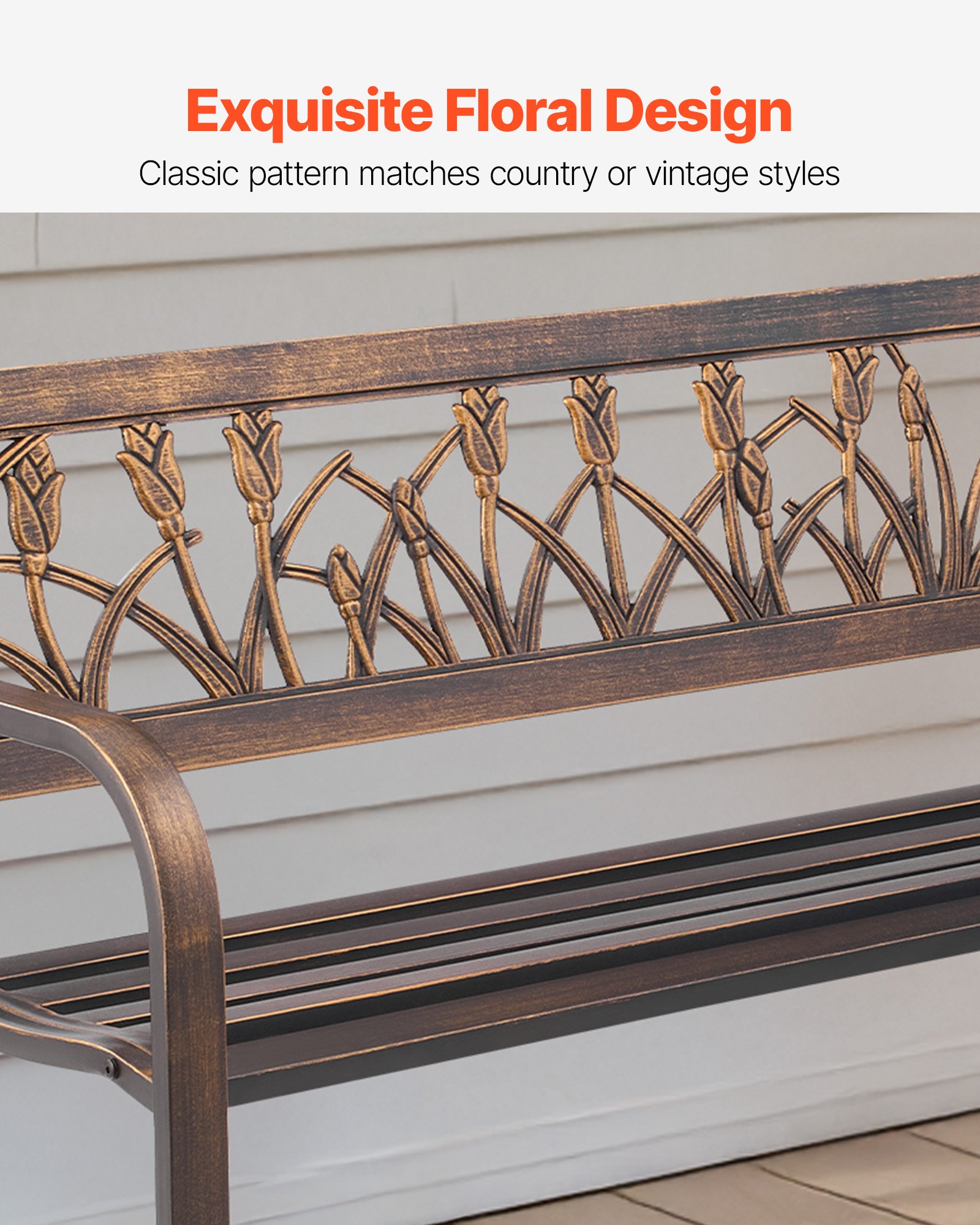 VEVOR Outdoor Bench, 127 cm, Carbon Steel Metal Frame with PVC Floral Pattern Backrest and Round Edge Armrests, Weatherproof Outside Bench for Patio, Garden, Park, Yard, Front Porch, Antique Bronze