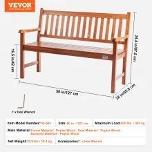 VEVOR Outdoor Bench 50 in Wood Garden Bench 800 lbs Park Patio Yard Porch Bench