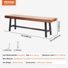 VEVOR Outdoor Bench, 63 inches Wood Garden Bench with Metal Leg for Outdoors, 500 lbs Load Capacity Bench, Outdoor Garden Park Bench, Dining Bench Patio Bench for Garden, Park, Yard, Front Porch