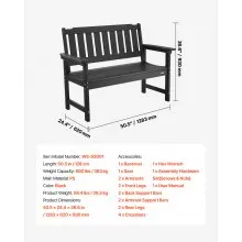 VEVOR Outdoor Bench Patio Bench 50.5 inch Weatherproof Plastic 800 lbs Black