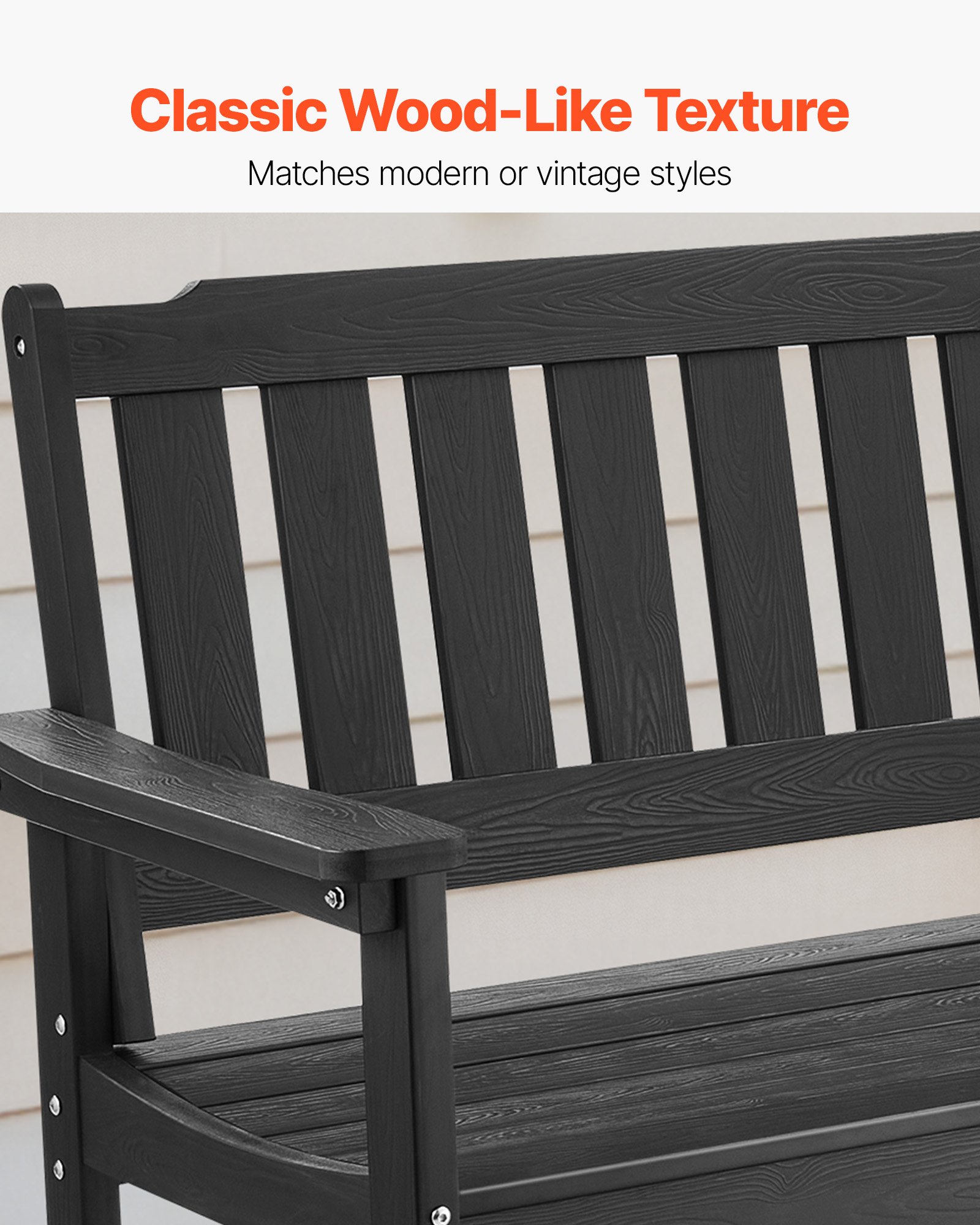 VEVOR Outdoor Bench, 50.5 inch, 800 lbs Weight Capacity for 2-3 Persons, Weatherproof Plastic Frame with Backrest and Wide Armrests, Outside Bench for Patio, Garden, Park, Yard, Front Porch, Black