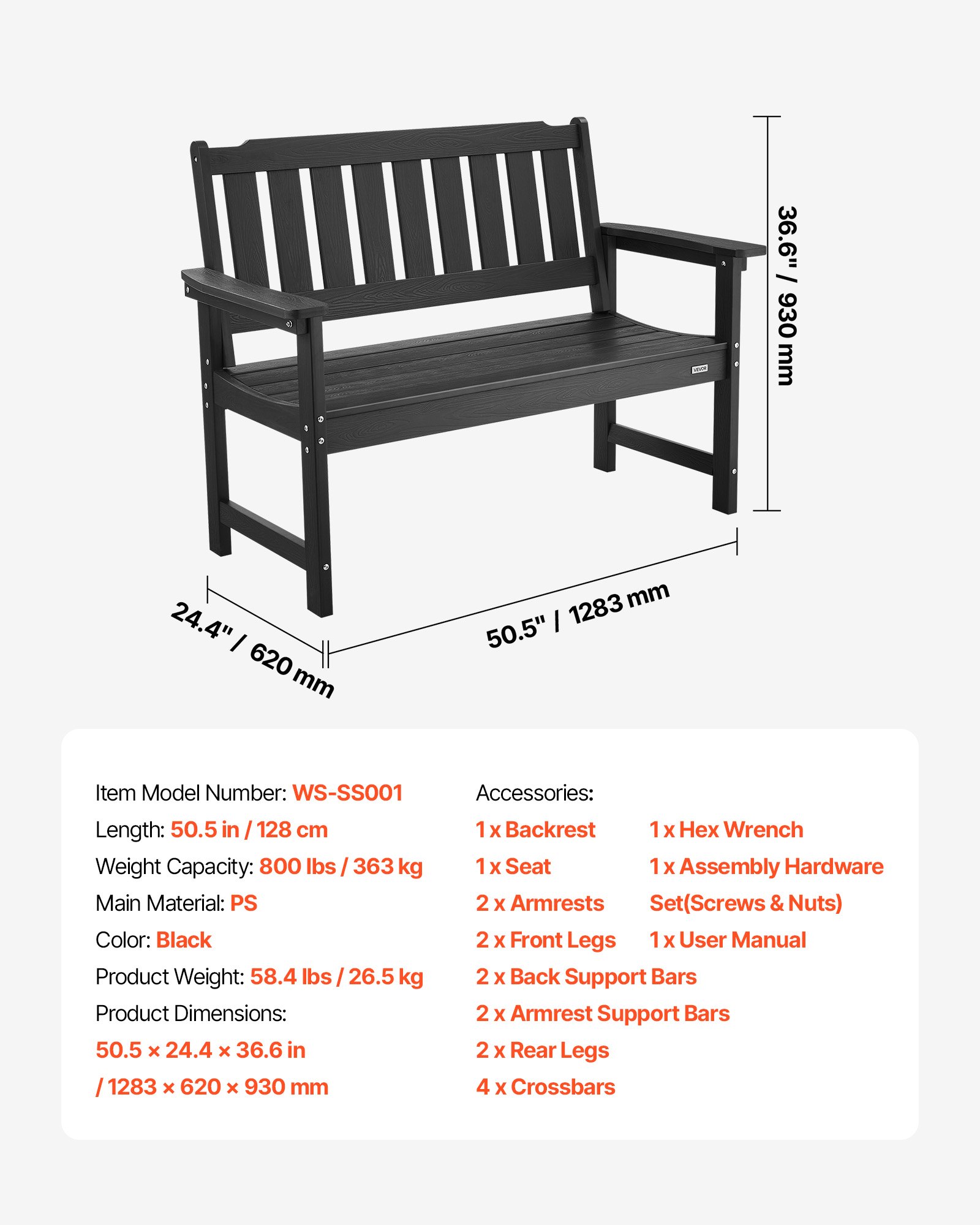 VEVOR Outdoor Bench, 50.5 inch, 800 lbs Weight Capacity for 2-3 Persons, Weatherproof Plastic Frame with Backrest and Wide Armrests, Outside Bench for Patio, Garden, Park, Yard, Front Porch, Black