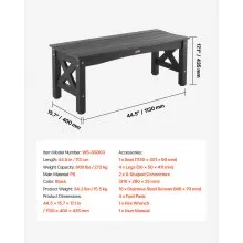 VEVOR Outdoor Bench Patio Bench 44.5 inch Weatherproof Plastic 600 lbs Black