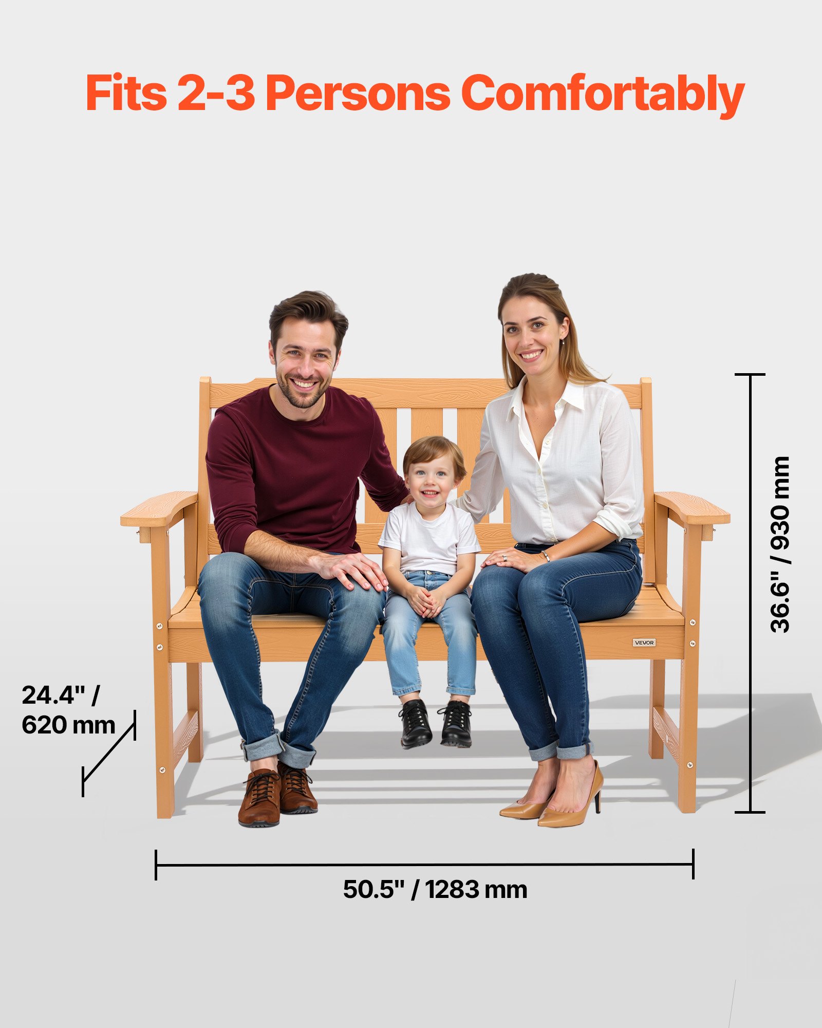 VEVOR Outdoor Bench, 128 cm, 363 kg Weight Capacity for 2-3 Persons, Weatherproof Plastic Frame with Backrest and Wide Armrests, Outside Bench for Patio, Garden, Park, Yard, Natural Wood Color