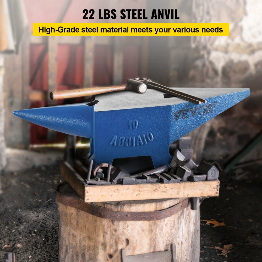 VEVOR blacksmith anvil on a wooden block with hammer and tools, 22 lbs steel anvil.