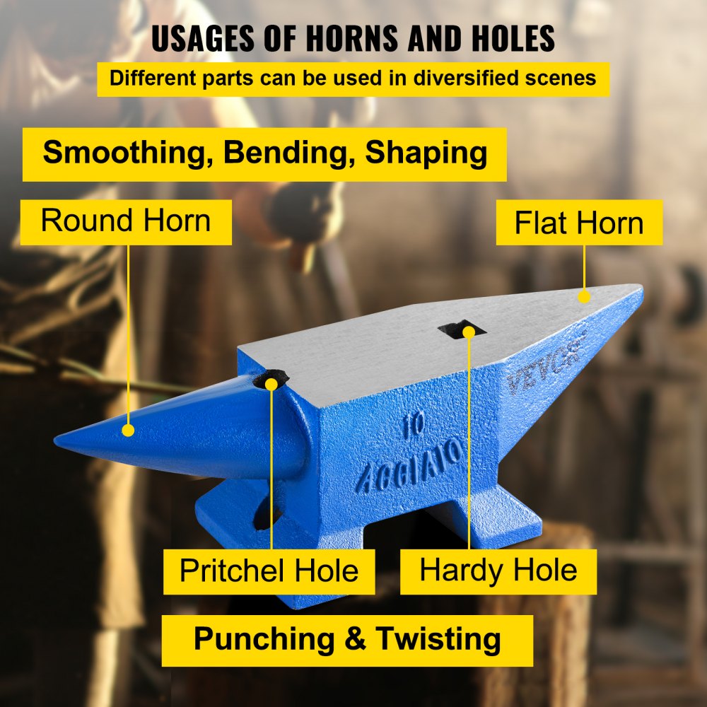 VEVOR blacksmith anvil labeled features: round horn, flat horn, pritchel hole, hardy hole.