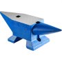 blue and silver VEVOR blacksmith anvil with square hardy hole and rounded horn