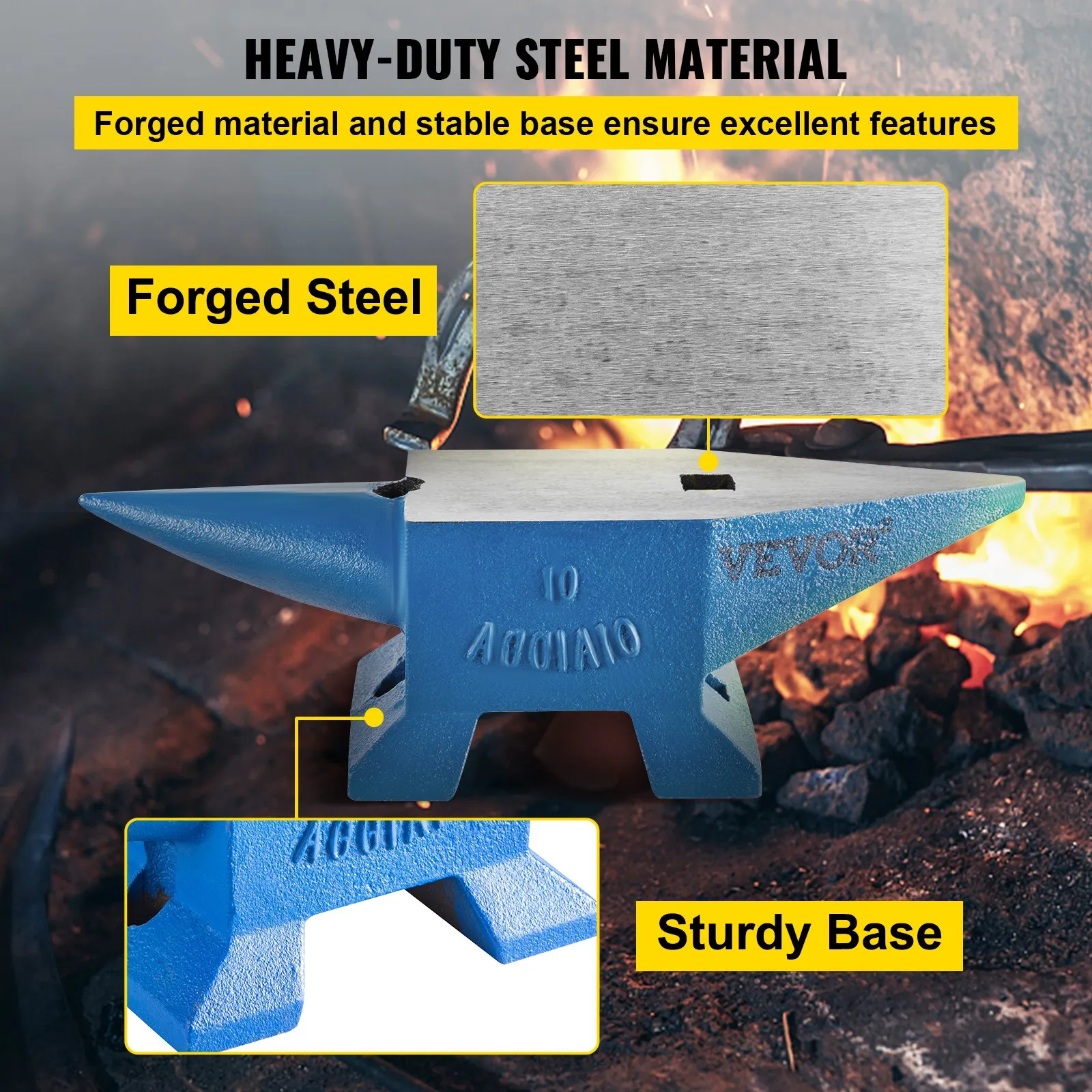 VEVOR blacksmith anvil with forged steel and sturdy base against fiery background.