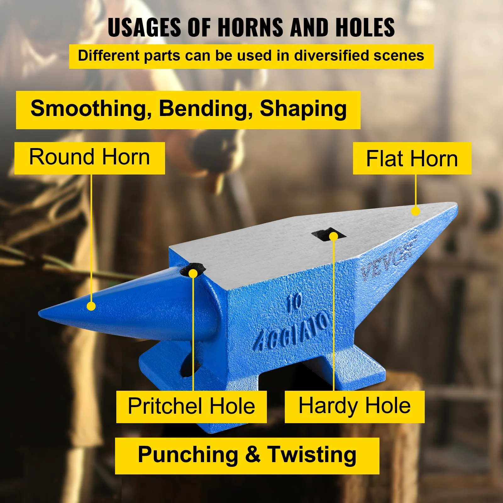 VEVOR blacksmith anvil labeled features: round horn, flat horn, pritchel hole, hardy hole.