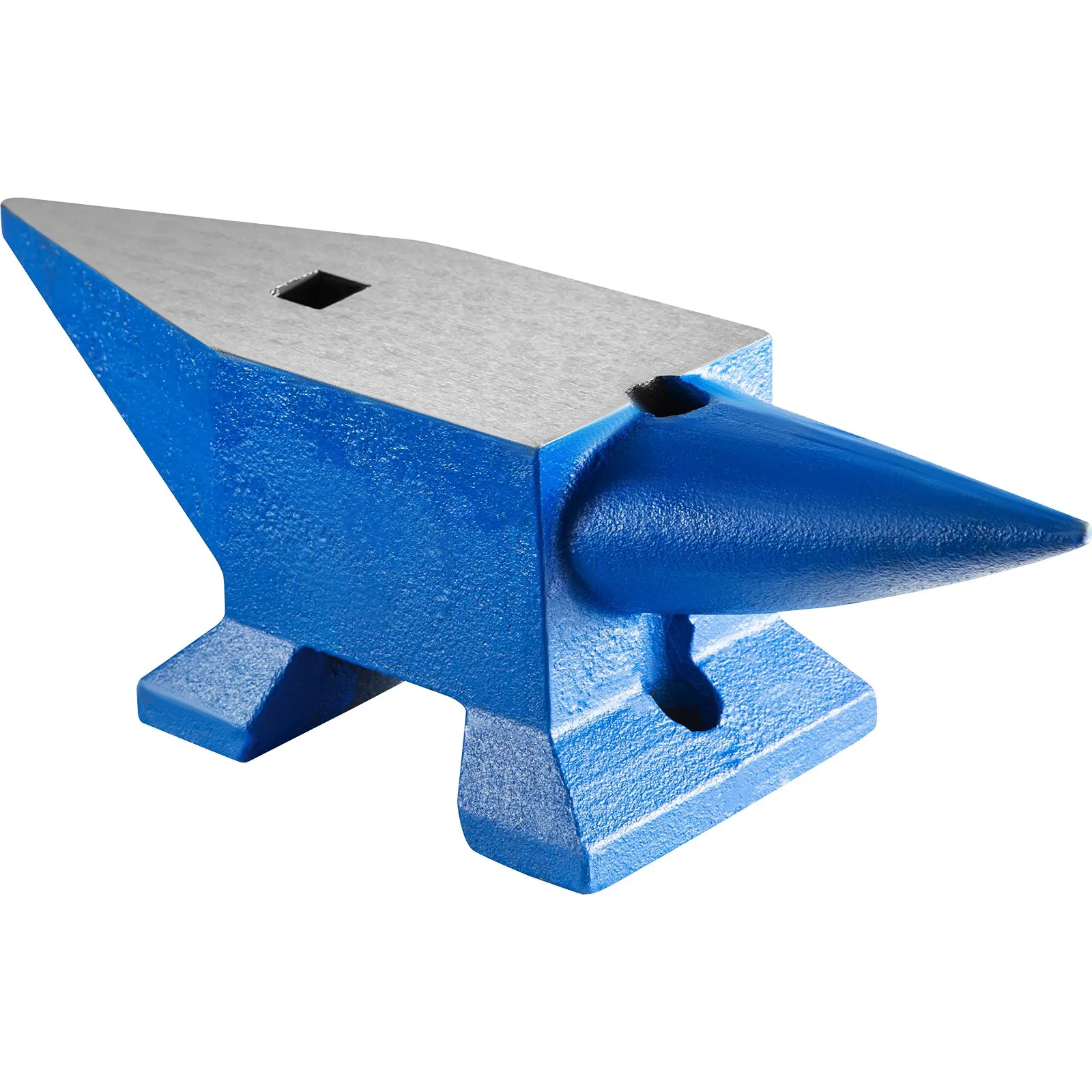 blue and silver VEVOR blacksmith anvil with square hardy hole and rounded horn