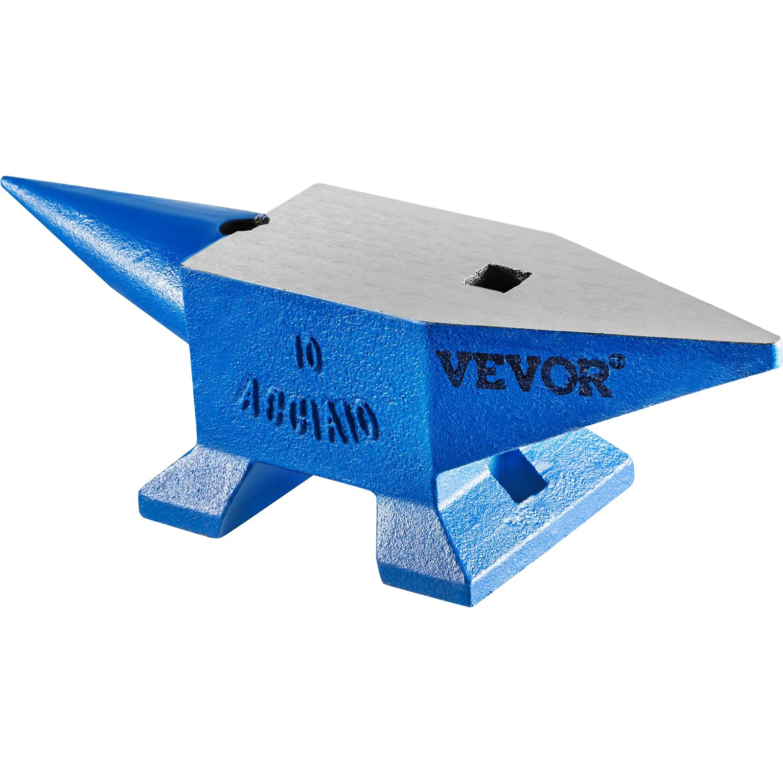 VEVOR blacksmith anvil, blue base with polished steel top and pointed horn.