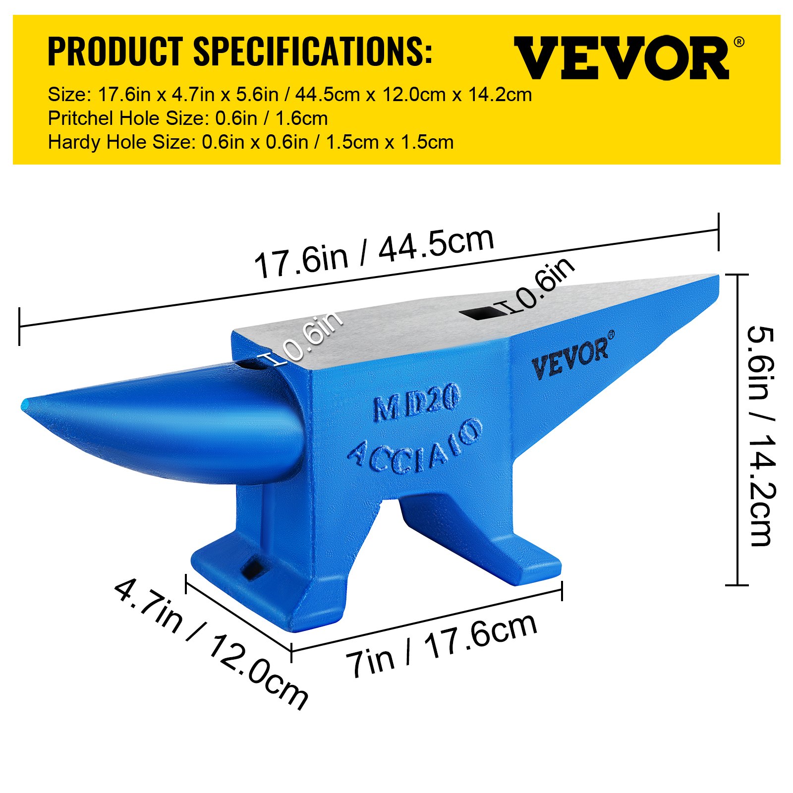 VEVOR Single Horn Anvil 20 kg Steel Anvil Blacksmith for Sale Forge Tools and Equipment Anvil Rugged Round and Square Hole Horn Anvil Blacksmith Jewelers Metalsmith Blacksmith Tool