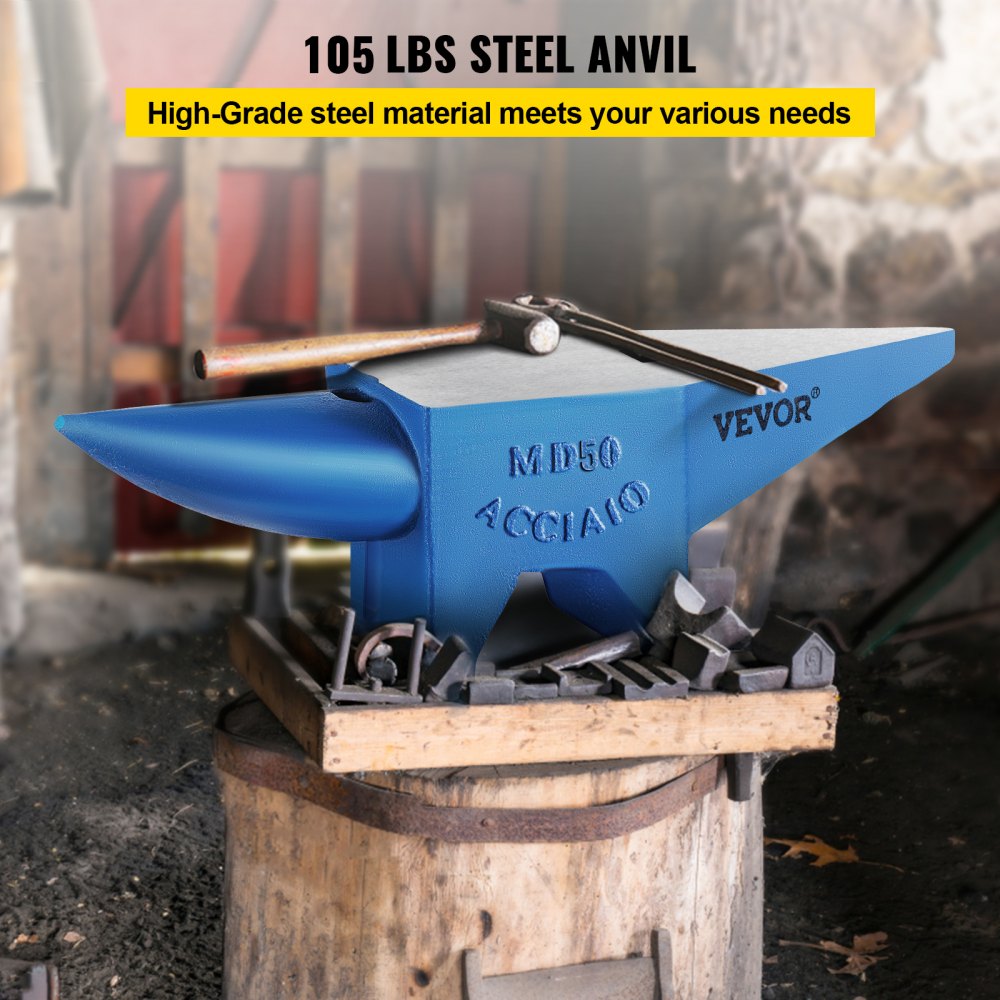 VEVOR Single Horn Anvil Cast Steel Anvil Blacksmith for Sale Forge Steel Tools with Round and Square Hole and Equipment Anvil Rugged Blacksmith Jewelers Durable and Robust Metal Working Tool 105Lbs