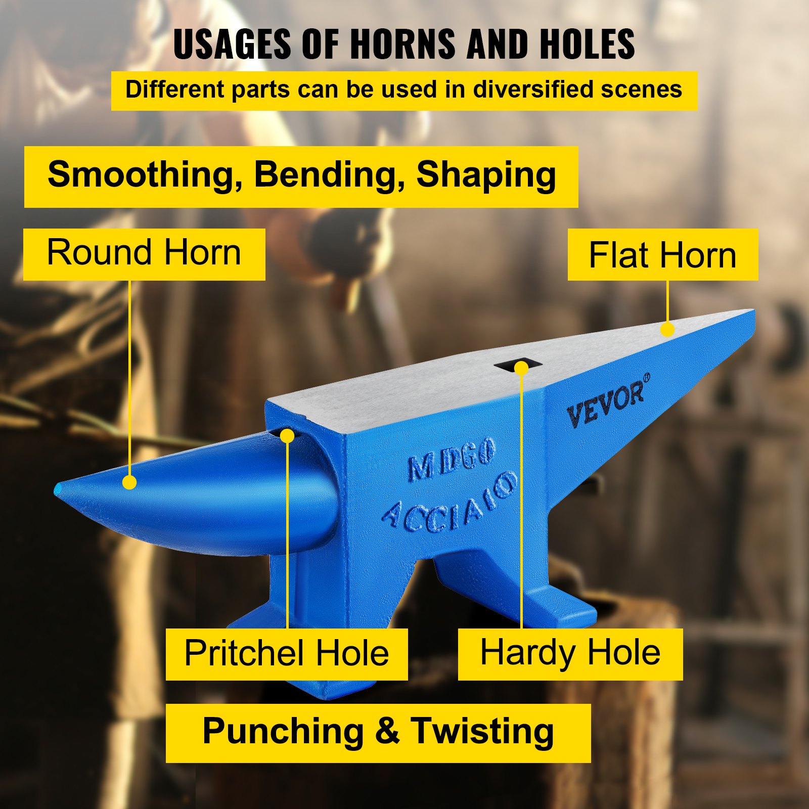 VEVOR blacksmith anvil with labeled parts for smoothing, bending, shaping, punching, twisting.