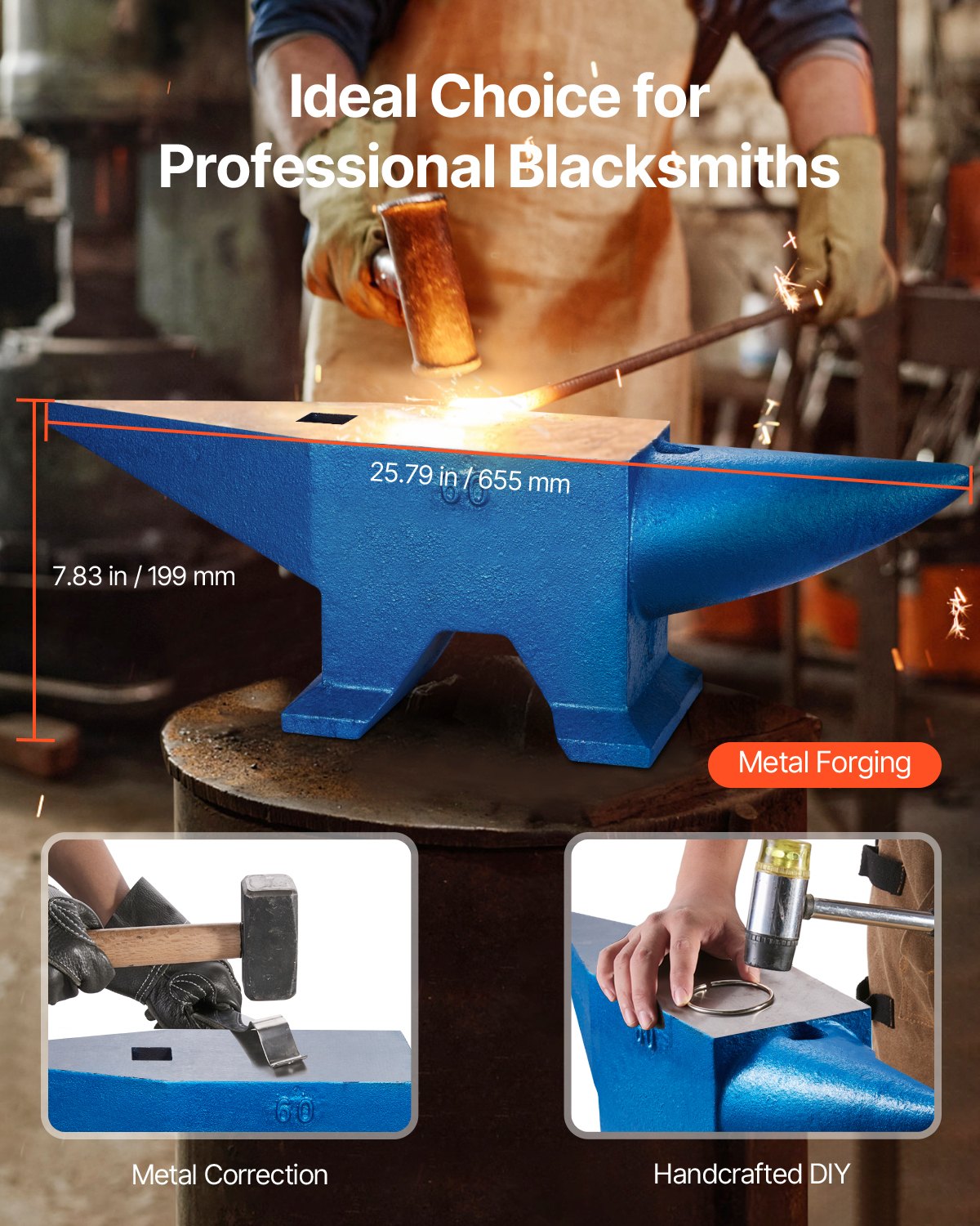 VEVOR Single Horn Anvil 132Lbs Cast Steel Anvil Blacksmith for Sale Forge Steel Tools with Round and Square Hole and Equipment Anvil Rugged Blacksmith Jewelers Durable and Robust Metal Working Tool