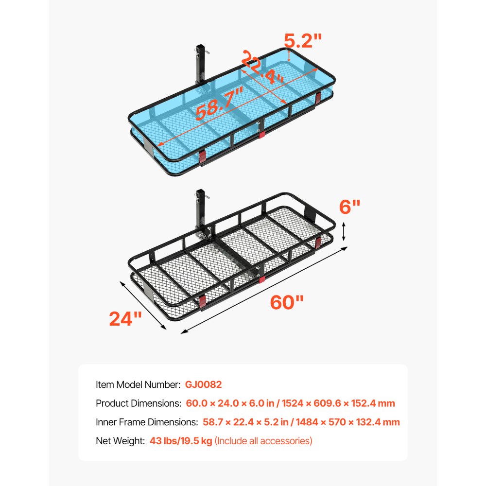VEVOR 60" x 24" x 6", Hitch Cargo Carrier, 500 lbs Capacity Hitch Cargo Carrier with Nighttime Reflective Reminder, Folding Hitch Mount Cargo Carrier with Hitch Stabilizer, Fit for SUVs