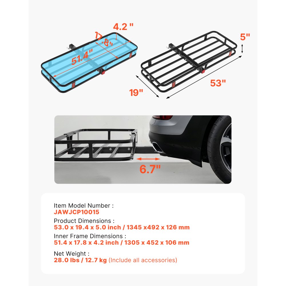 VEVOR 53" x 19" x 5", Hitch Cargo Carrier, 500 lbs Capacity Hitch Cargo Carrier with Hitch Stabilizer & Ratchet Straps, Hitch Mount Cargo Carrier with Cargo Net with Hook, Fit for SUVs