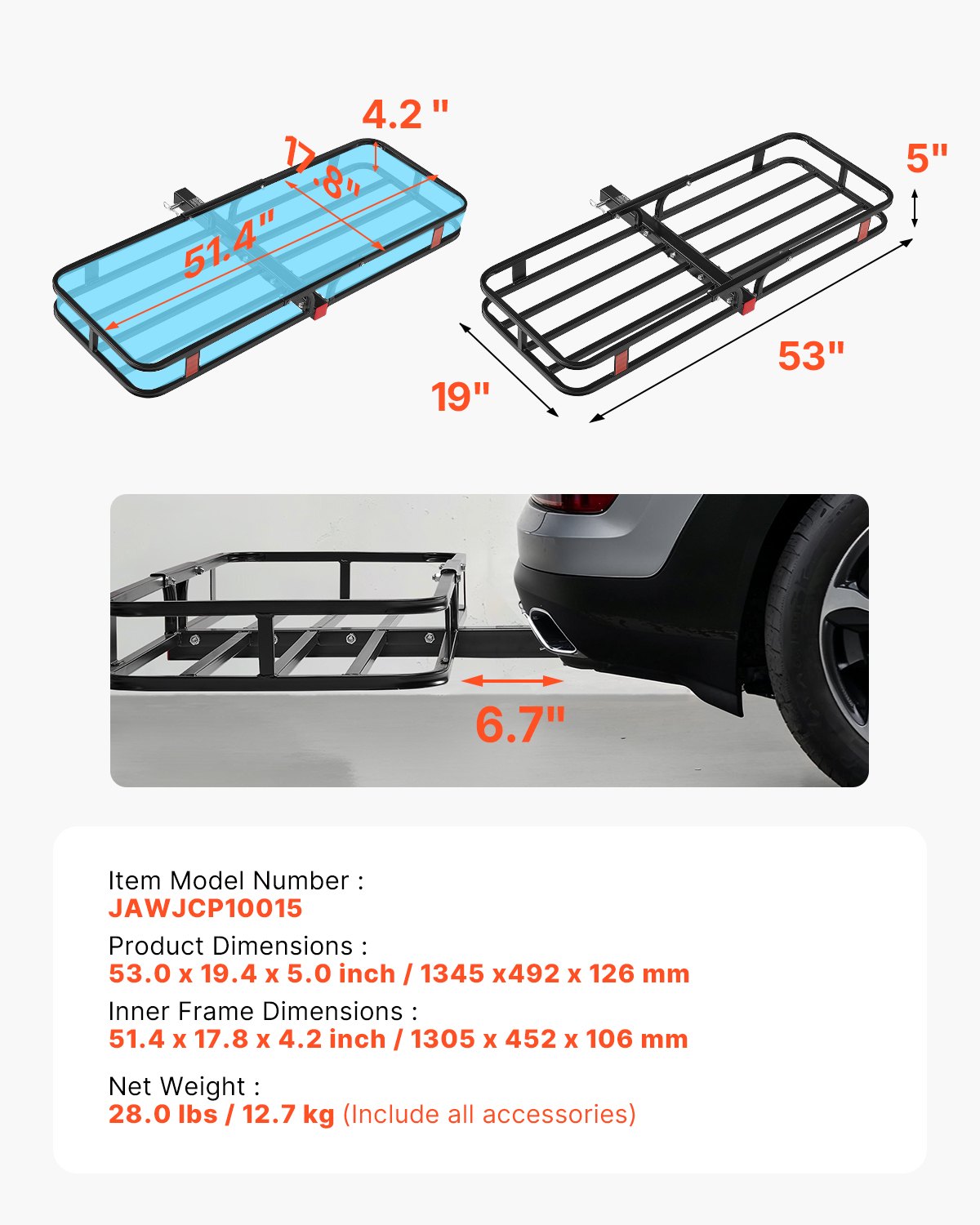 VEVOR 53" x 19" x 5", Hitch Cargo Carrier, 500 lbs Capacity Hitch Cargo Carrier with Hitch Stabilizer & Ratchet Straps, Hitch Mount Cargo Carrier with Cargo Net with Hook, Fit for SUVs
