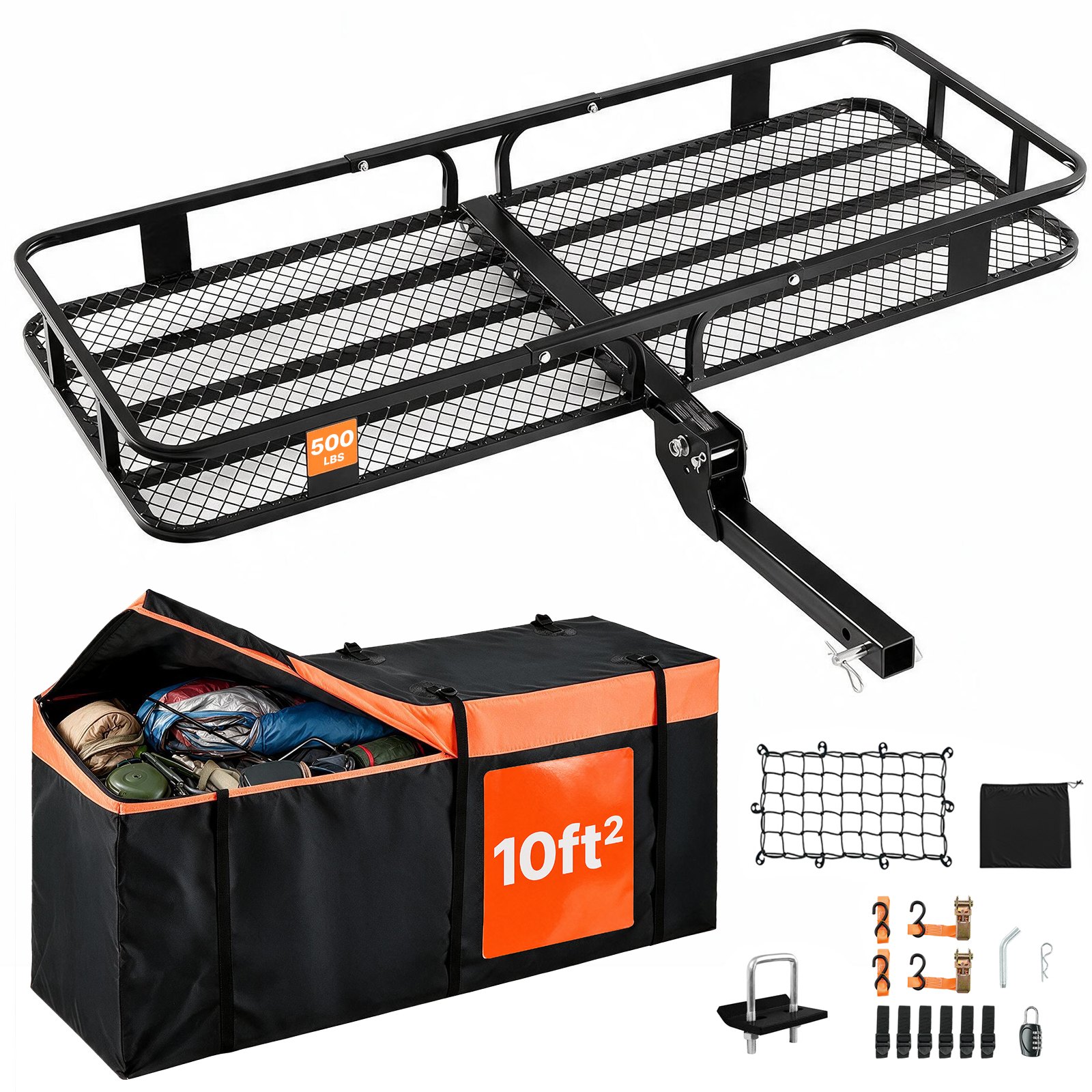 VEVOR 60" x 24" x 14", Hitch Cargo Carrier, 500 lbs Capacity Hitch Cargo Carrier with Cargo Net & Waterproof Cargo Bag, Folding Hitch Mount Cargo Carrier with Reflective Reminder, Fit for SUVs