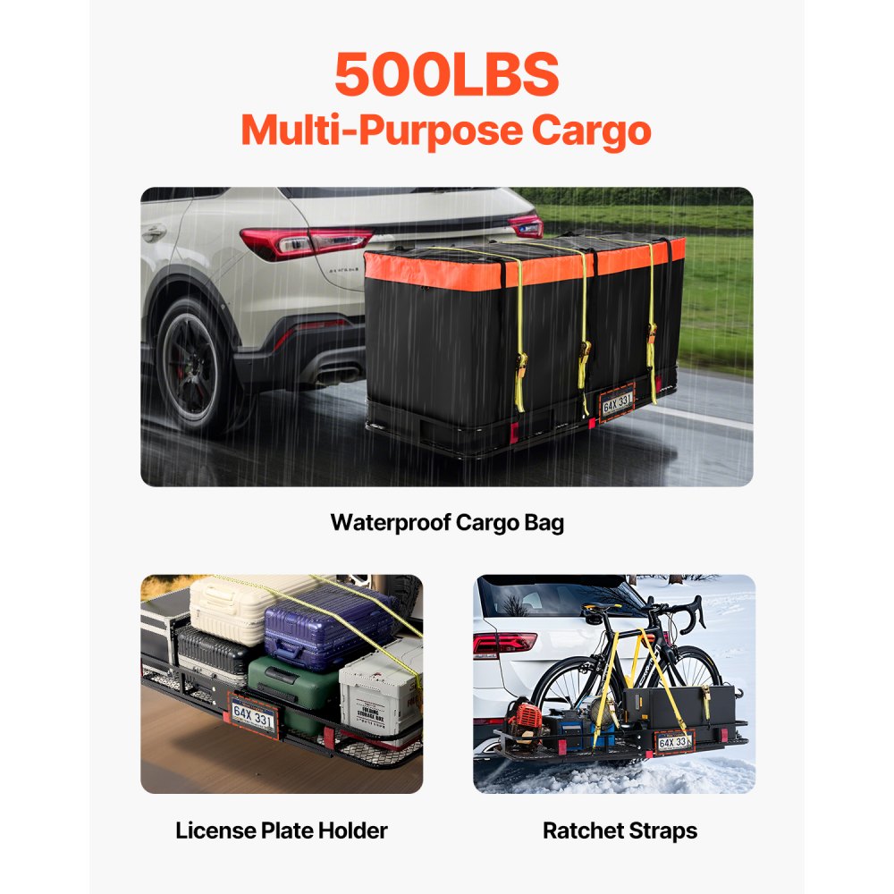 VEVOR 70" x 30" x 6", Hitch Cargo Carrier, 500 lbs Capacity Hitch Cargo Carrier with Ratchet Straps & Cargo Bag, Folding Hitch Mount Cargo Carrier with Hitch Lock for 2" Receiver, Fit for SUVs