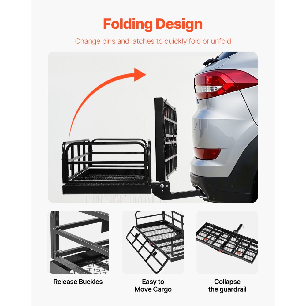 VEVOR 60" x 24" x 14", Hitch Cargo Carrier, 500 lbs Capacity Hitch Cargo Carrier with Anti-Rattle Hitch Stabilizer, Folding Hitch Mount Cargo Carrier with Pins and Latches, Fit for SUVs/Pickup Trucks