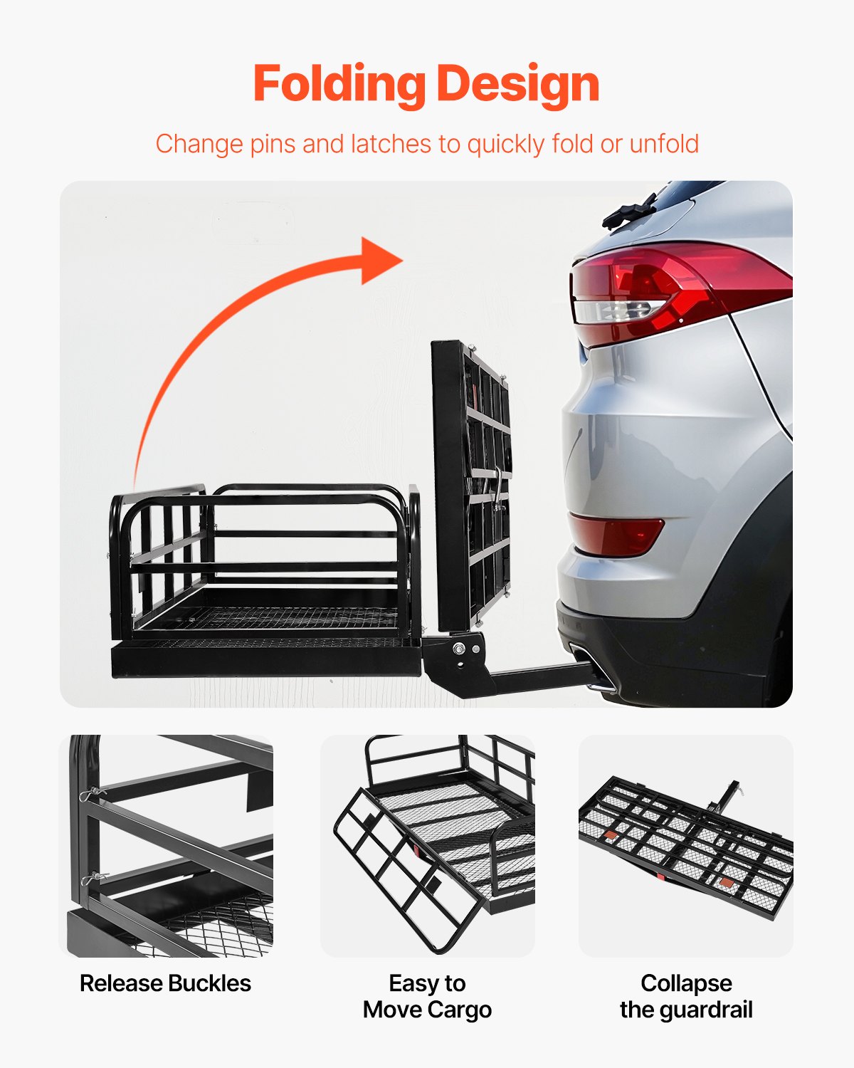 VEVOR 60" x 24" x 14", Hitch Cargo Carrier, 500 lbs Capacity Hitch Cargo Carrier with Anti-Rattle Hitch Stabilizer, Folding Hitch Mount Cargo Carrier with Pins and Latches, Fit for SUVs/Pickup Trucks