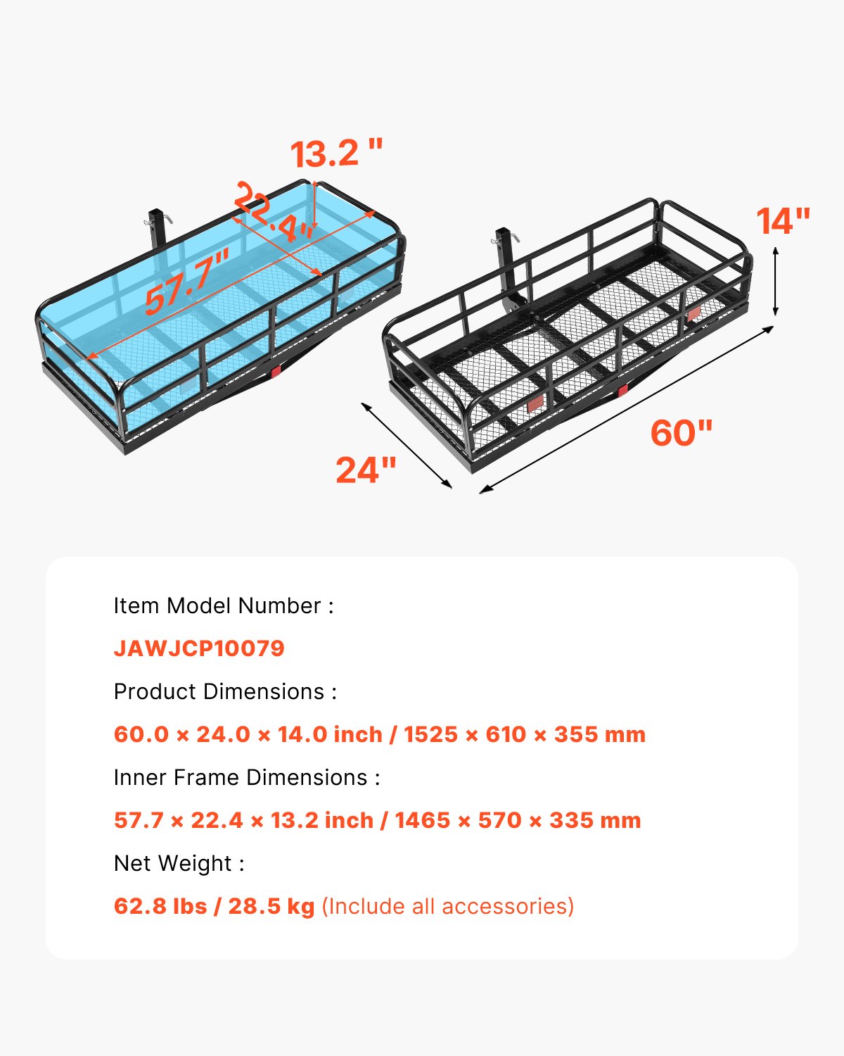 VEVOR 60" x 24" x 14", Hitch Cargo Carrier, 500 lbs Capacity Hitch Cargo Carrier with Anti-Rattle Hitch Stabilizer, Folding Hitch Mount Cargo Carrier with Pins and Latches, Fit for SUVs/Pickup Trucks