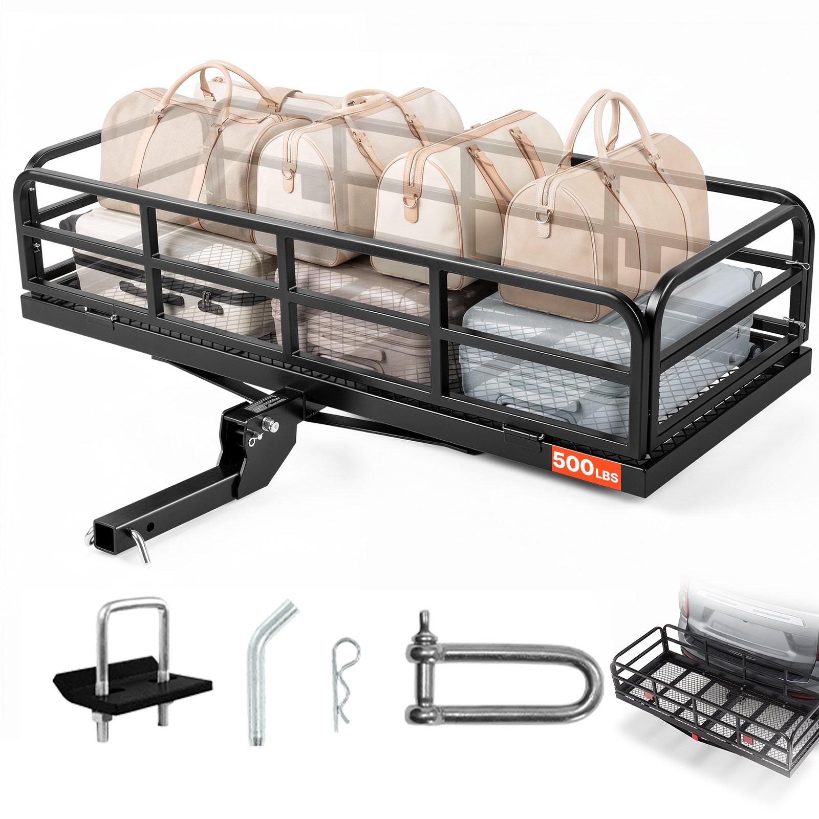 VEVOR 60" x 24" x 14", Hitch Cargo Carrier, 500 lbs Capacity Hitch Cargo Carrier with Anti-Rattle Hitch Stabilizer, Folding Hitch Mount Cargo Carrier with Pins and Latches, Fit for SUVs/Pickup Trucks