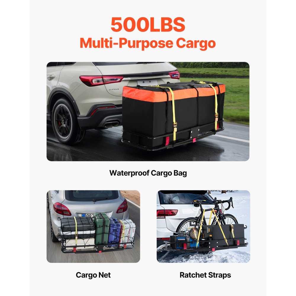 VEVOR 60" x 20" x 6", Hitch Cargo Carrier, 500 lbs Capacity Hitch Cargo Carrier with Cargo Net & Waterproof Cargo Bag, Folding Hitch Mount Cargo Carrier with Hitch Lock for 2" Receiver, Fit for SUVs
