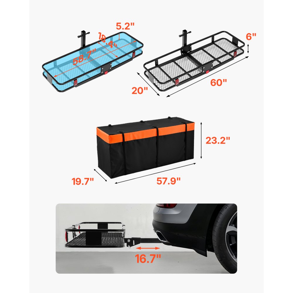 VEVOR 60" x 20" x 6", Hitch Cargo Carrier, 500 lbs Capacity Hitch Cargo Carrier with Cargo Net & Waterproof Cargo Bag, Folding Hitch Mount Cargo Carrier with Hitch Lock for 2" Receiver, Fit for SUVs