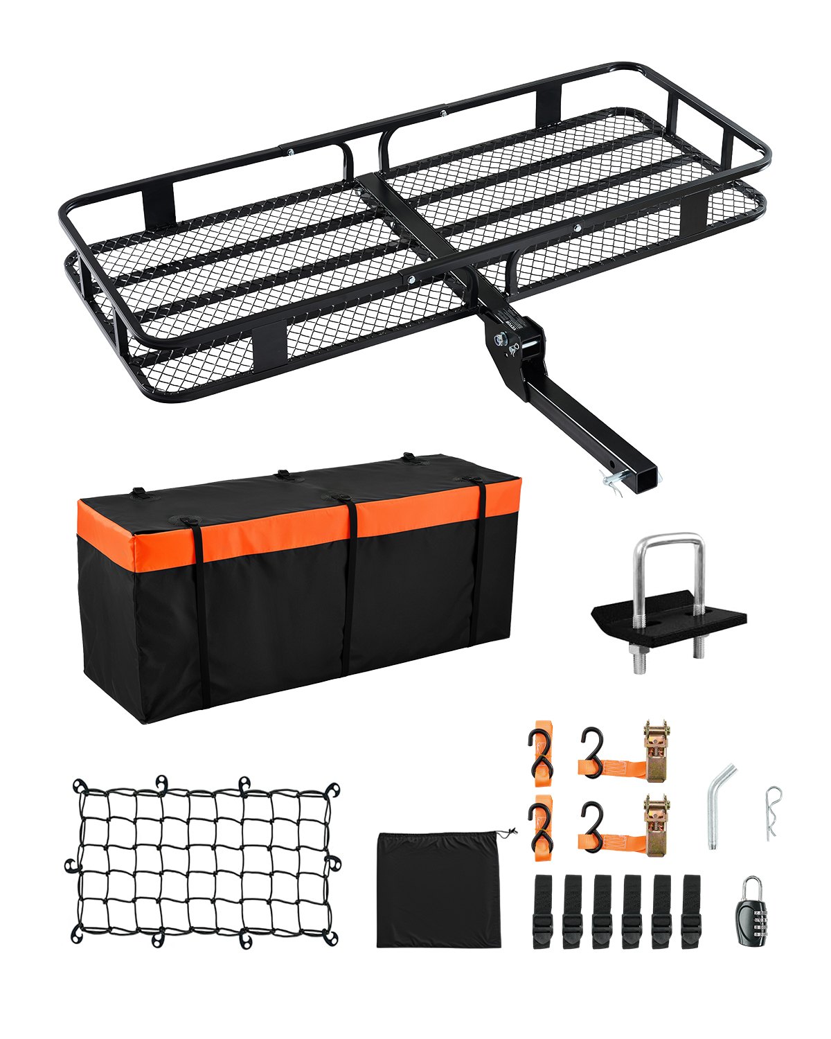 VEVOR 60" x 24" x 6", Hitch Cargo Carrier, 500 lbs Capacity Hitch Cargo Carrier with Cargo Net with Hook & Waterproof Cargo Bag, Folding Hitch Mount Cargo Carrier with Ratchet Straps, Fit for SUVs