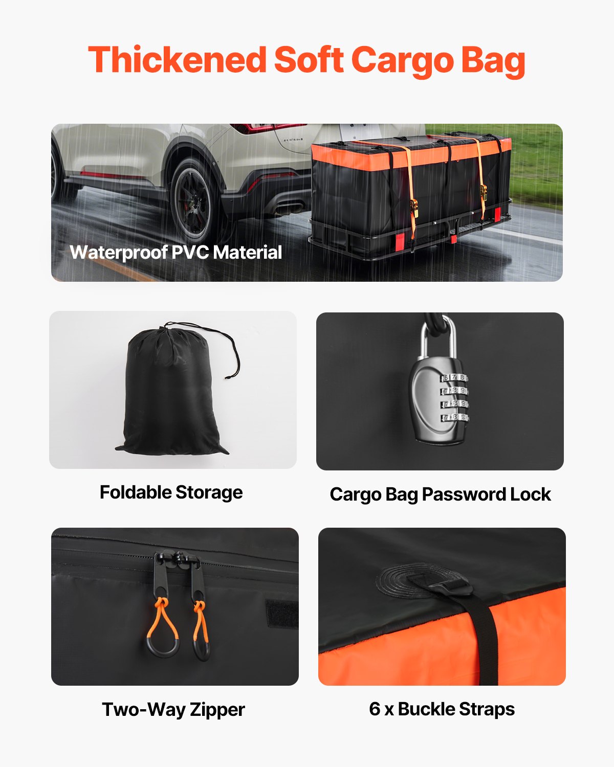 VEVOR 60" x 24" x 6", Hitch Cargo Carrier, 500 lbs Capacity Hitch Cargo Carrier with Cargo Net with Hook & Waterproof Cargo Bag, Folding Hitch Mount Cargo Carrier with Ratchet Straps, Fit for SUVs