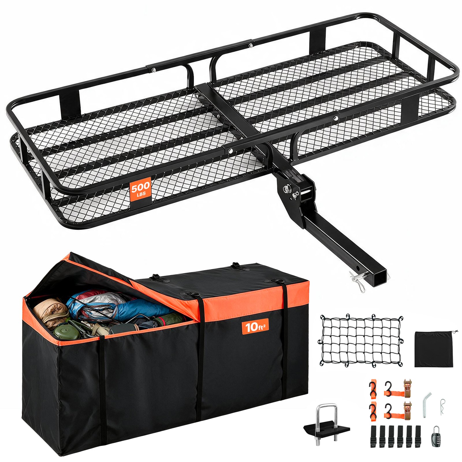 VEVOR 60" x 24" x 6", Hitch Cargo Carrier, 500 lbs Capacity Hitch Cargo Carrier with Cargo Net with Hook & Waterproof Cargo Bag, Folding Hitch Mount Cargo Carrier with Ratchet Straps, Fit for SUVs