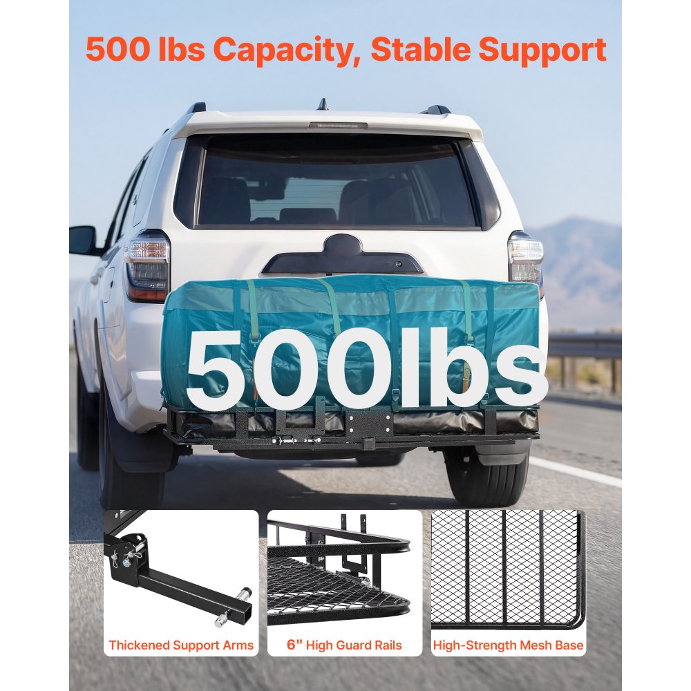 VEVOR Hitch Mount Cargo Carrier, 1460 x 860 x 650 mm Folding Rear Luggage Rack Basket with Waterproof Cargo Bag, 227kg Capacity High-Strength Steel Hitch Cargo Carrier Fits 2" Receiver for SUV Pickups