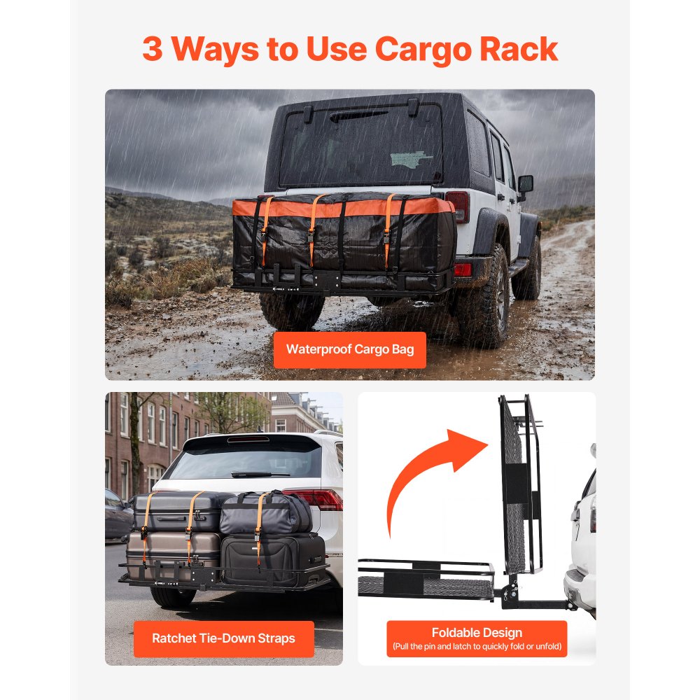 VEVOR Hitch Mount Cargo Carrier, 1460 x 860 x 650 mm Folding Rear Luggage Rack Basket with Waterproof Cargo Bag, 227kg Capacity High-Strength Steel Hitch Cargo Carrier Fits 2" Receiver for SUV Pickups