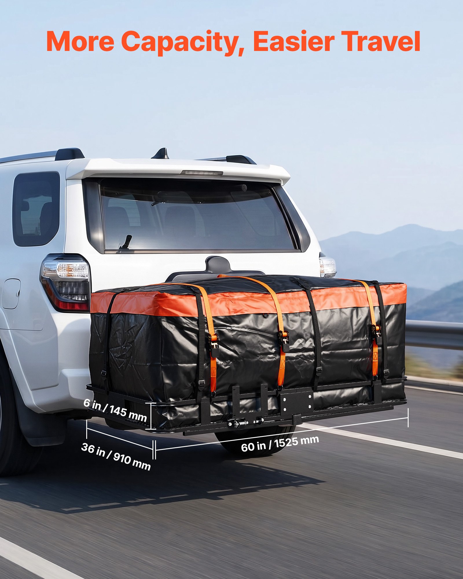 VEVOR Hitch Mount Cargo Carrier, 1460 x 860 x 650 mm Folding Rear Luggage Rack Basket with Waterproof Cargo Bag, 227kg Capacity High-Strength Steel Hitch Cargo Carrier Fits 2" Receiver for SUV Pickups