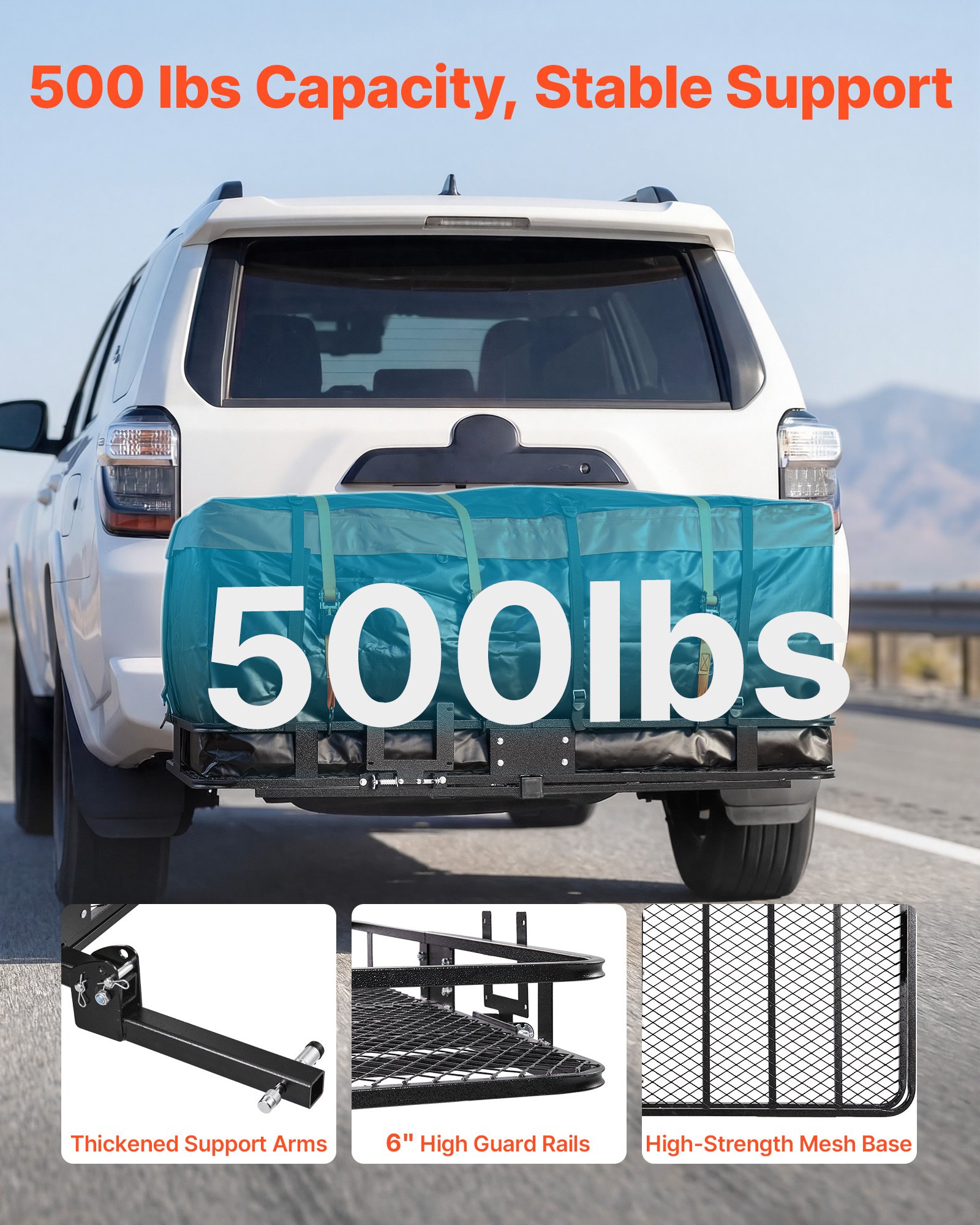 VEVOR Hitch Mount Cargo Carrier, 1460 x 860 x 650 mm Folding Rear Luggage Rack Basket with Waterproof Cargo Bag, 227kg Capacity High-Strength Steel Hitch Cargo Carrier Fits 2" Receiver for SUV Pickups