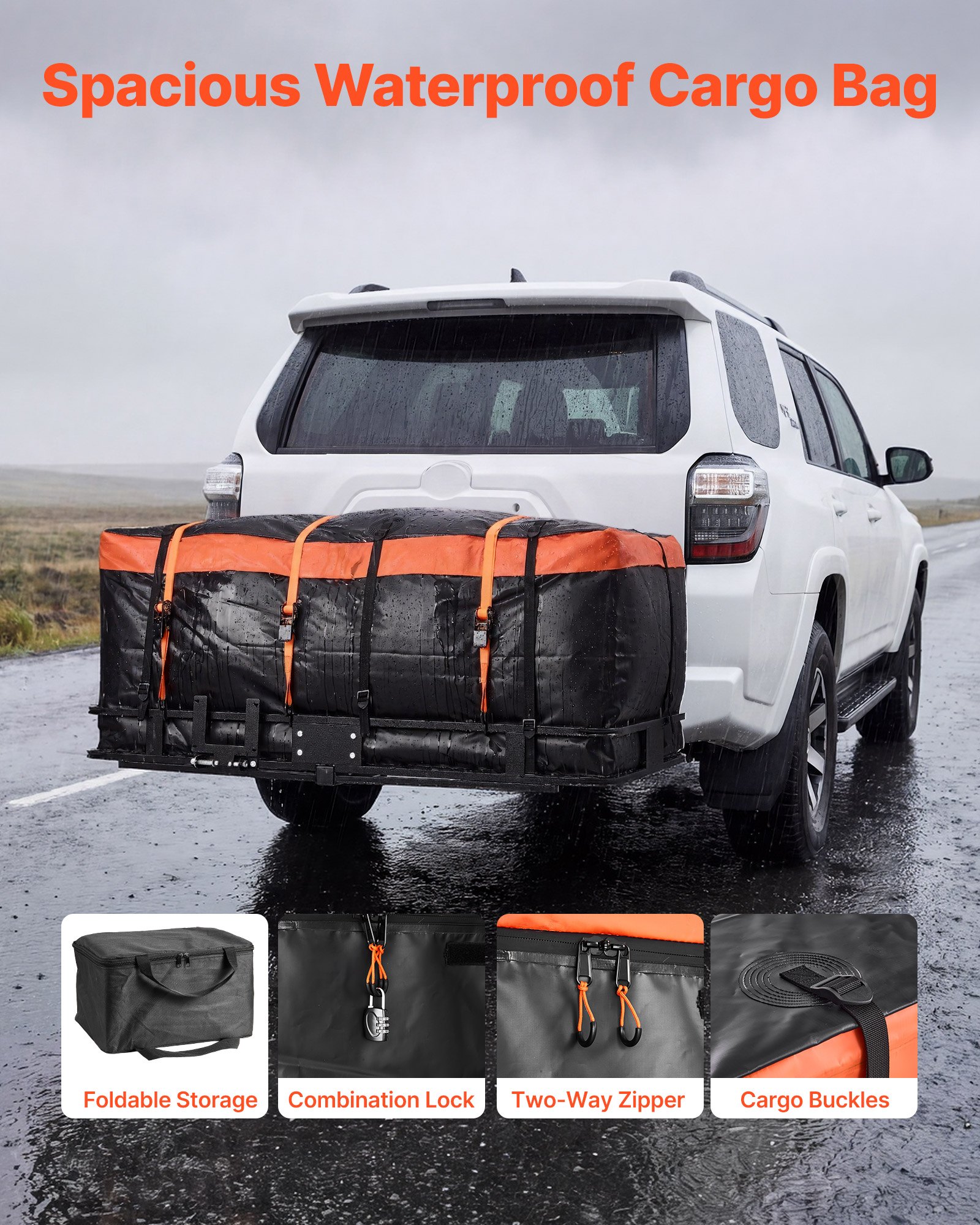 VEVOR Hitch Mount Cargo Carrier, 1460 x 860 x 650 mm Folding Rear Luggage Rack Basket with Waterproof Cargo Bag, 227kg Capacity High-Strength Steel Hitch Cargo Carrier Fits 2" Receiver for SUV Pickups