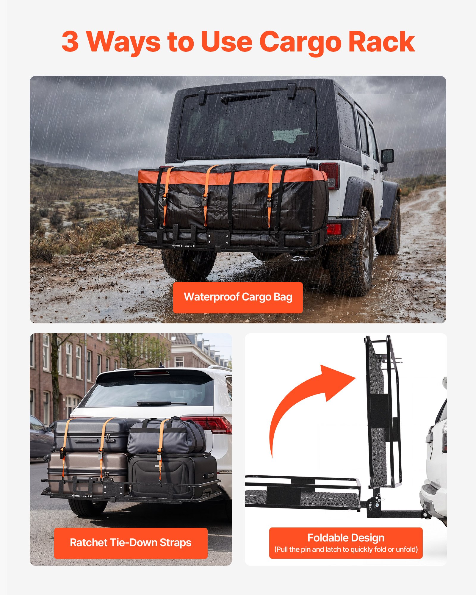 VEVOR Hitch Mount Cargo Carrier, 1460 x 860 x 650 mm Folding Rear Luggage Rack Basket with Waterproof Cargo Bag, 227kg Capacity High-Strength Steel Hitch Cargo Carrier Fits 2" Receiver for SUV Pickups